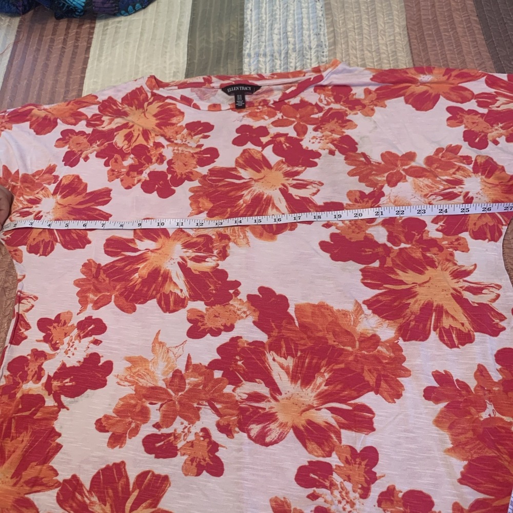 Ellen Tracy Pink Orange Floral Short Sleeve Shirt Tie Keyhole Sleeves Womans 1X